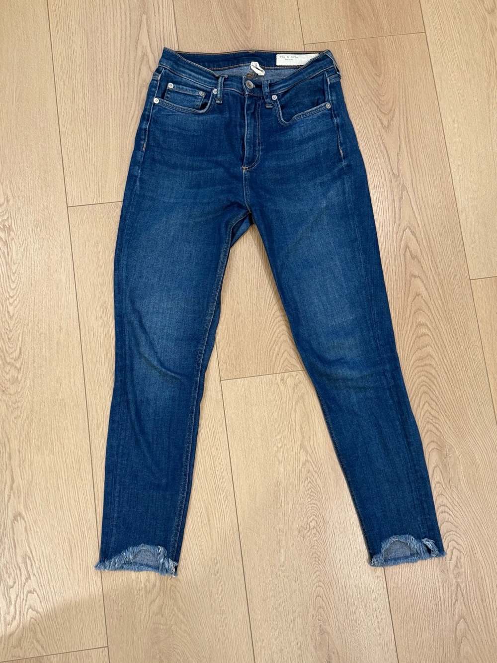 rag & bone Dark Blue High-Rise Skinny Jeans with Raw Hem